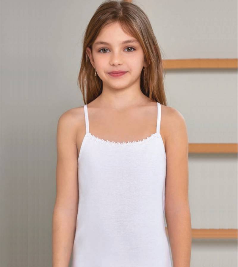 Mädchen-Spaghettitop aus weicher Baumwolle mit zarter Spitze am Ausschnitt – bequem und schick