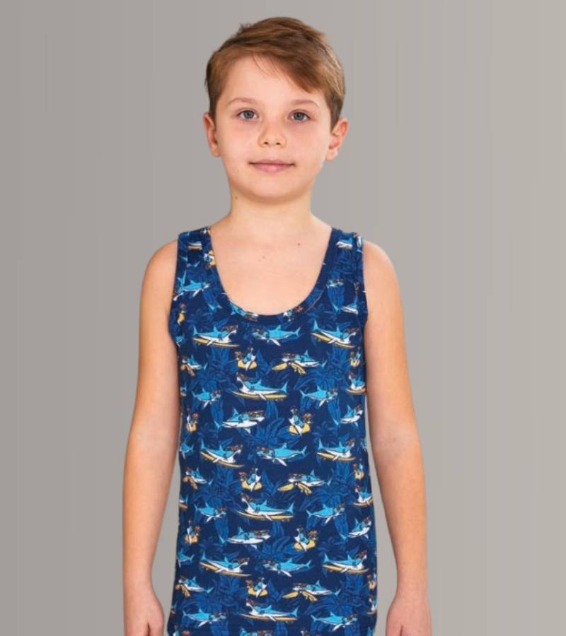 Ärmelloses Jungen-Unterhemd mit blauem Unterwasser-Print, bequem, weich und atmungsaktiv für Alltag